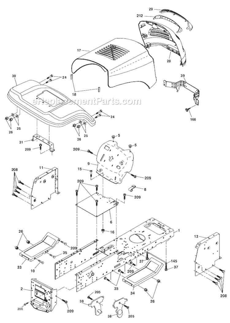 Tractor - Chassis Diagram and Parts List for HD13538 96016000100 Weed Eater Lawn Tractor